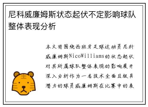尼科威廉姆斯状态起伏不定影响球队整体表现分析