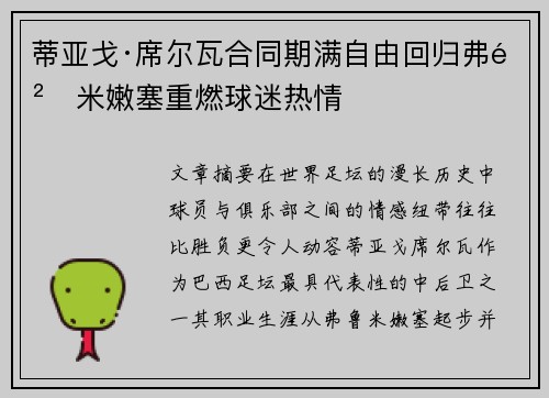 蒂亚戈·席尔瓦合同期满自由回归弗鲁米嫩塞重燃球迷热情