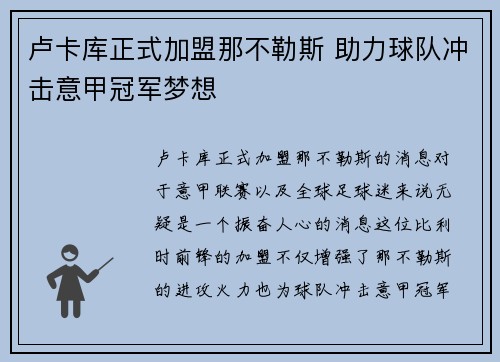 卢卡库正式加盟那不勒斯 助力球队冲击意甲冠军梦想 卢卡库正式加盟那不勒斯 助力球队冲击意甲冠军梦想