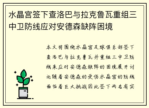 水晶宫签下查洛巴与拉克鲁瓦重组三中卫防线应对安德森缺阵困境